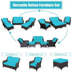 5-Pieces Rattan Patio Conversation Sofa Furniture Set Outdoor with Turquoise Cushions