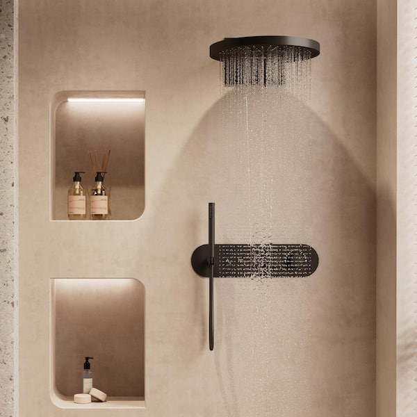 Double Handles 3-Spray Patterns 16 in. Wall Mount Thermostatic Shower Faucet 2.5 GPM with Handheld Shower in Matte Black