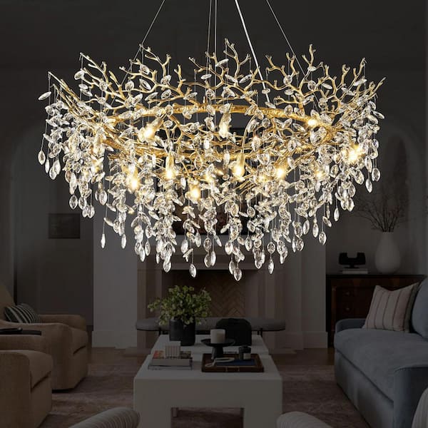 14-Light 48 in. Dimmable Tree Branches Crystal Linear Chandelier, Gold Kitchen Island Chandelier for Living Room Bedroom