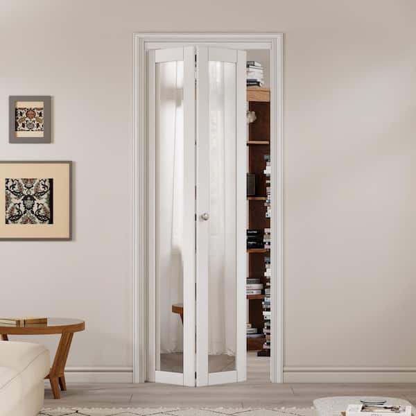 32 in. x 80 in. 1-Lite Mirrored Glass and Solid Core White Finished Close MDF Bi-Fold Door with Hardware