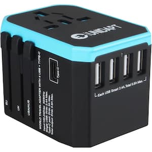 Universal Wall Plug Travel Adapter Voltage Converter with 1-Outlet, 4 USB-A, 1 USB-C Ports in Black/Blue