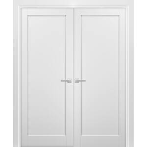 4111 56 in. x 80 in. Universal Frosted Glass Solid MDF White Finished Pine Wood Double Prehung French Door with Hardware