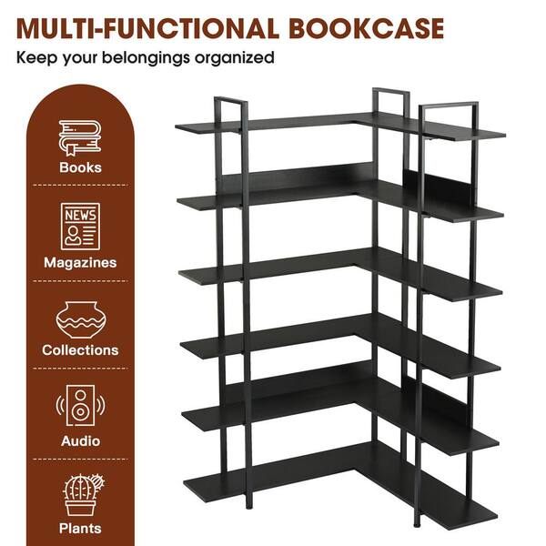 Dropship 74.8 Inch Bookshelf L-shape MDF Boards Stainless Steel Frame  Corner 6-tier Shelves Adjustable Foot Pads, Black to Sell Online at a Lower  Price