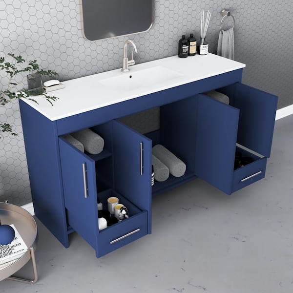 Pacific 60 in. W x 18 in D x 34 in H Bathroom Vanity in Navy with Integrated Ceramic Top and Brushed Nickel Handles