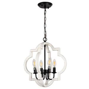 4-Light Rustic White Wood Chandelier with Candle Sockets