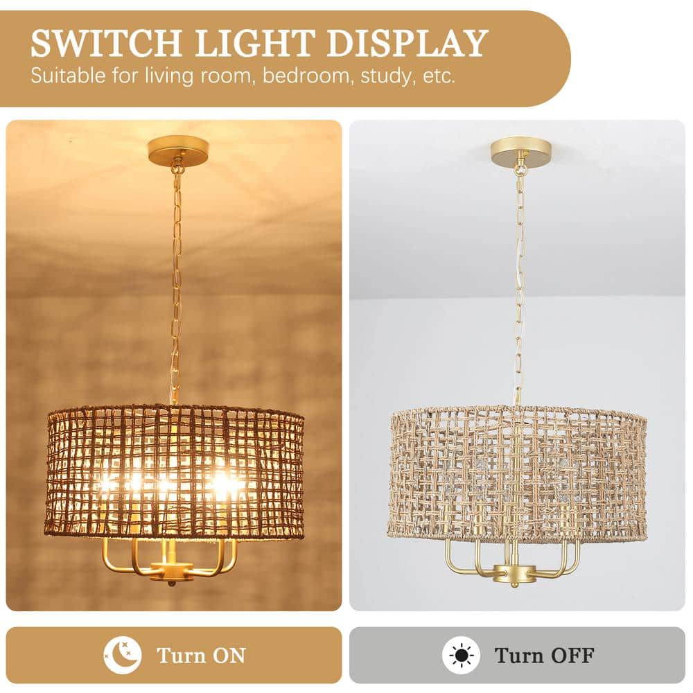 Gold and Rattan Drum Chandelier with Woven Shade