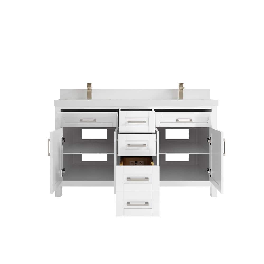 White Solid Wood Double Sink Freestanding Bathroom Vanity with Quartz Top