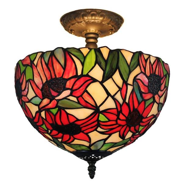 Amora Lighting Tiffany Style 2-Light Sunflower Pendant Lamp 12 in. Wide