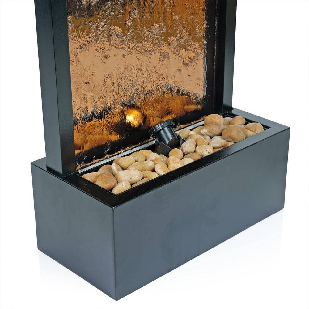 Bronze Mirror Waterfall Fountain with Stones and Lights, 48" Tall