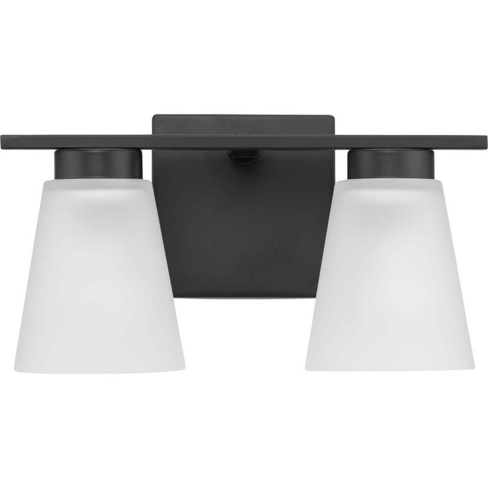 Matte Black Steel 2-Light Vanity Fixture with Etched Glass Shades