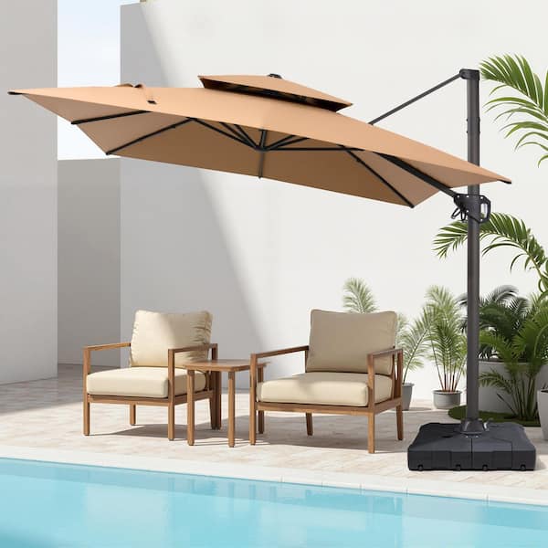 Double Top 11 ft. x 9 ft. Aluminum Outdoor Cantilever 360° Rotation Patio Umbrella in Tan With 260 lbs. Umbrella Base