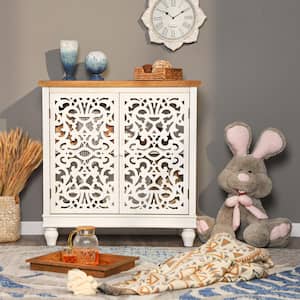34.3 in. Hollow-Carved White Rustic 2-Door Distressed Accent Storage Cabinet