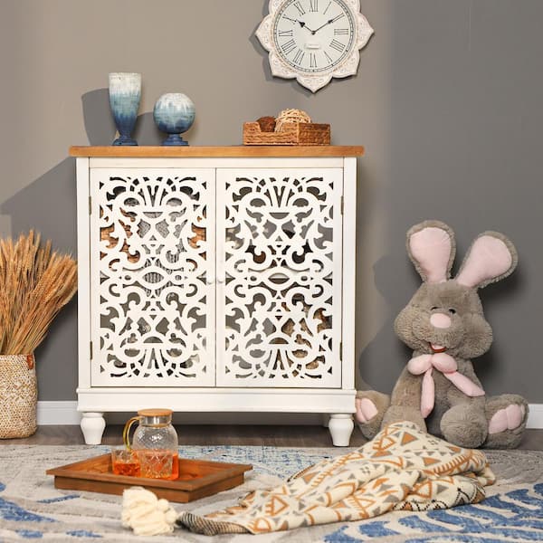 PHI VILLA 34.3 in. Hollow-Carved White Rustic 2-Door Distressed Accent Storage Cabinet