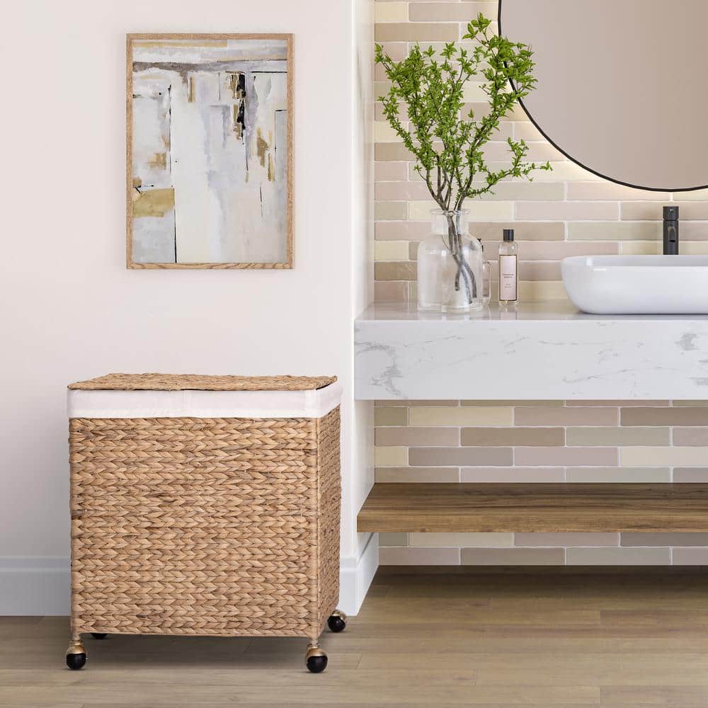 Natural Wicker Lidded Laundry Hamper with Gold Casters