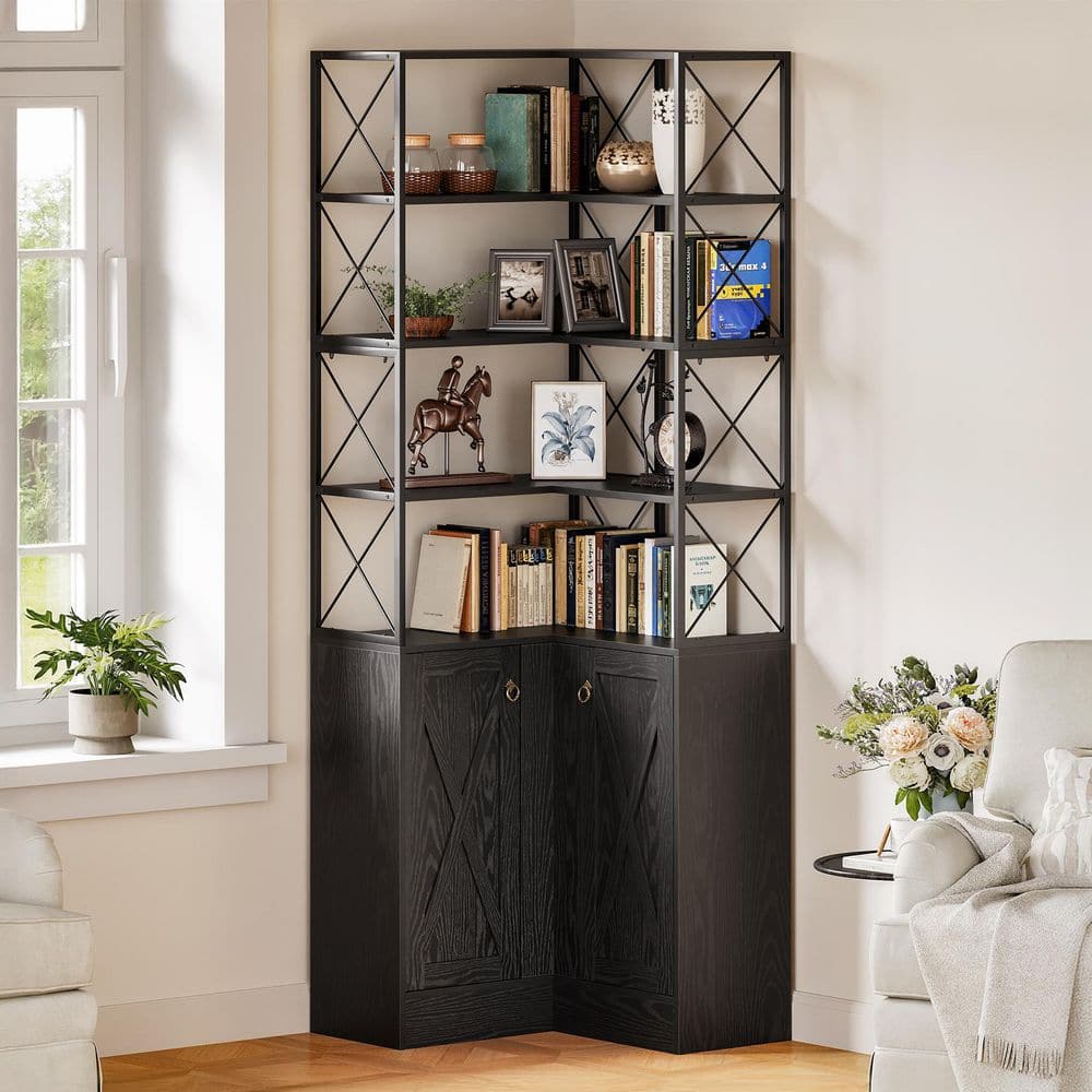 Eulas 79 in. Tall Black Wood 4-Shelf Corner Etagere Bookcase with 2-Tier Storage Cabinet, L-Shaped Display Bookshelf