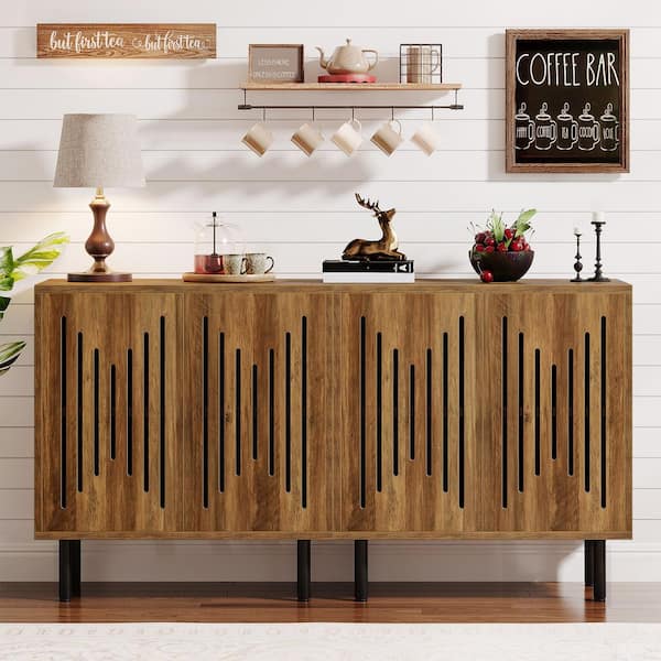 Alan Rustic Brown Wood 59 in. Sideboard Buffet with 4-Doors, Accent Storage Cabinet for Home Kitchen Dining Room