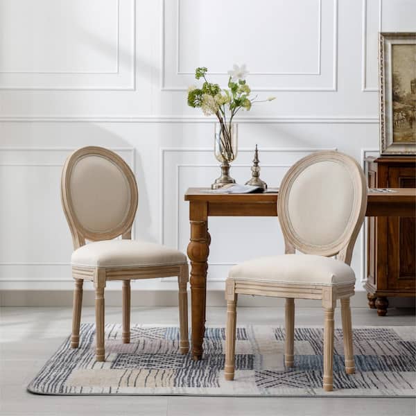 Boyel Living Cream French Style Solid Wood Frame Linen Fabric Oval Back Dining Chair Set of 2