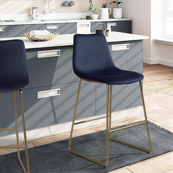 Homy Casa Batassel 39.6 in. Dark Blue Velvet Upholstered High Back Metal Frame Counter Stool With Velvet Seat ( Set of 2)