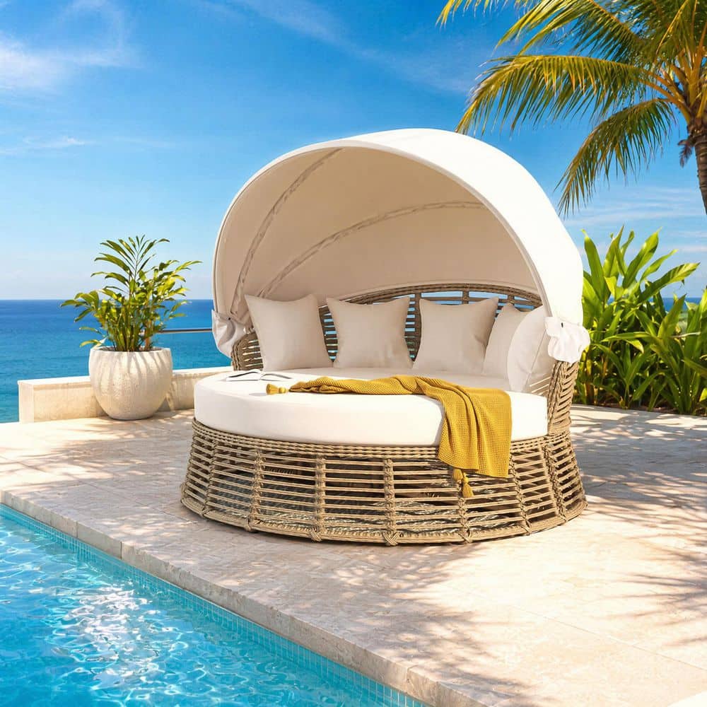 Beige Wicker Outdoor Patio Rattan Round Daybed with Retractable Canopy, 5 Pillows and Removable Beige Cushions for Porch