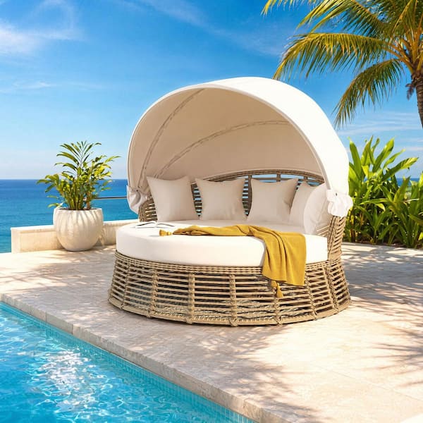 Beige Wicker Outdoor Patio Rattan Round Daybed with Retractable Canopy, 5 Pillows and Removable Beige Cushions for Porch