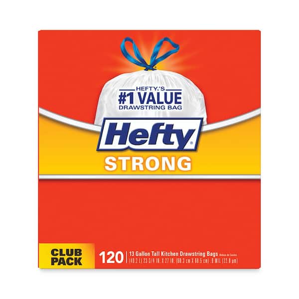 Hefty Strong Tall Kitchen Drawstring Bags, 13 gal, 0.9 mil, White, 90/Box, 3 Boxes/Case