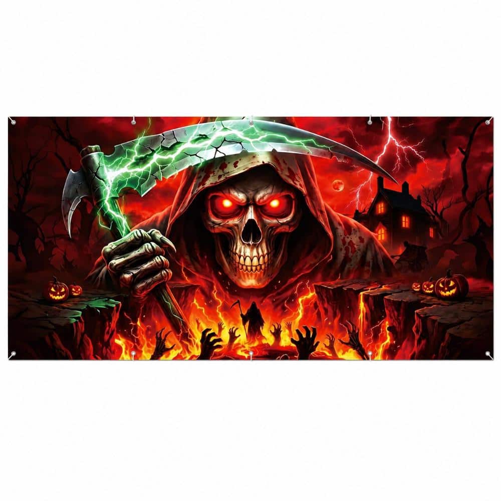 16 ft. x 7 ft. Halloween Garage Door Cover Skull Ghost Banner with Lightning, Fire and Pumpkins for Outdoor Decor price history on PriceWatchPro