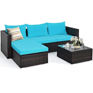 Brown 5-Piece Wicker Outdoor Patio Conversation Seating Set with Turquoise Cushions and Coffee Table