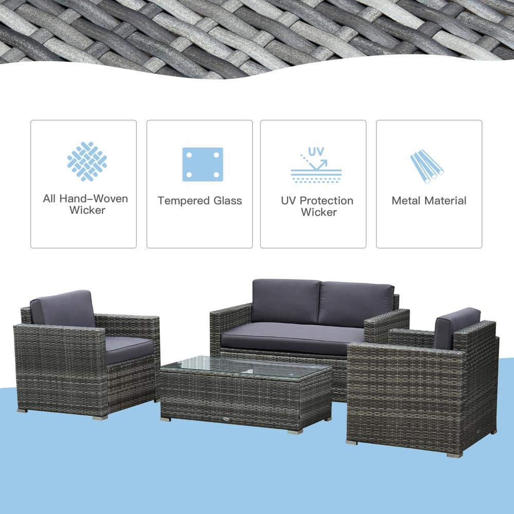 Gray 4-Piece Rattan Wicker Outdoor Furniture Set with Cushions