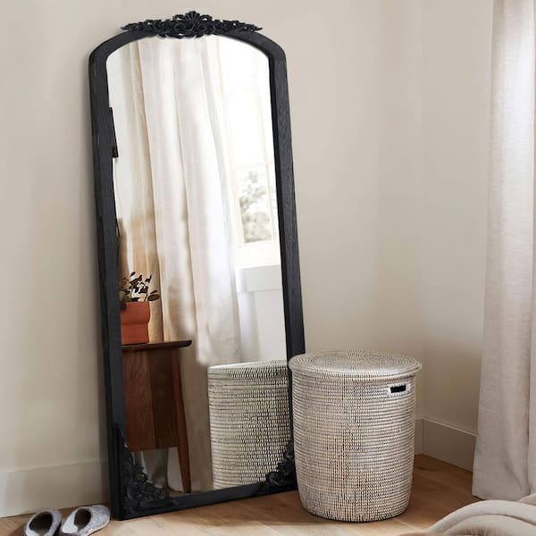Lirago Rustic Arched 28 in. W x 67 in. H Solid Wood Framed DIY Carved Full Length Mirror in Black