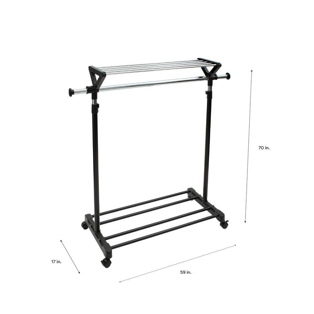 Adjustable Black and Chrome Steel Garment Rack with Shelves