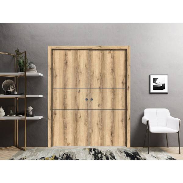 Sartodoors 72 in. x 80 in. 2 Panel Oak Finished Solid Wood with