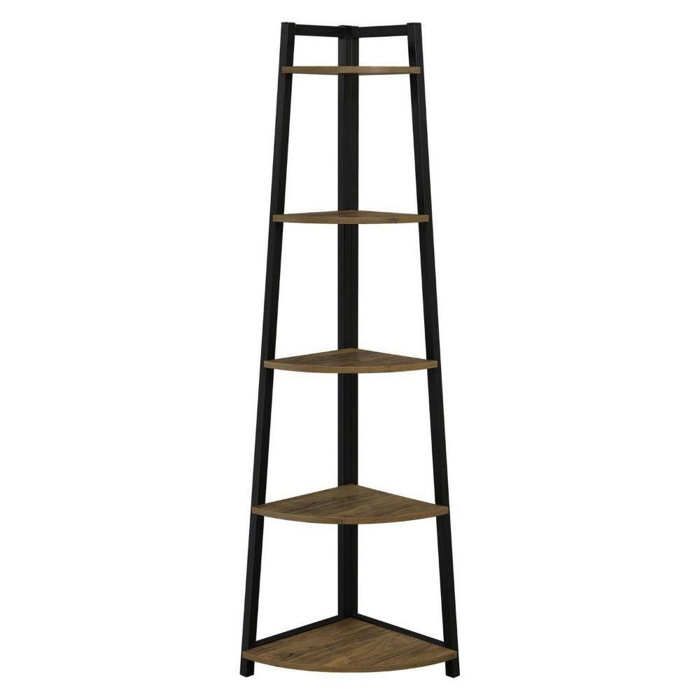 Brown and Black 5-Tier Corner Wood and Metal Bookcase