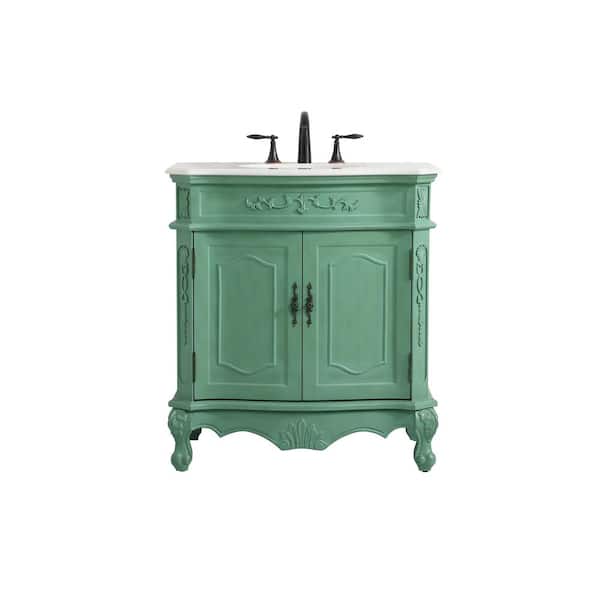Unbranded Timeless Home 32 in. W Bath Vanity in Vintage Mint with Marble Vanity Top in White and Brown Vein with White Basin