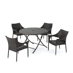 Faith Multi-Brown 5-Piece Faux Rattan Round Outdoor Dining Set with Foldable Table and Stacking Chairs