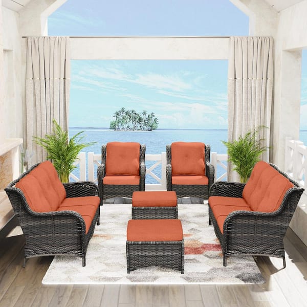 Gardenbee 6-Piece Wicker Outdoor Patio Conversation Lounge Chair Sofa Set with Orange Cushions and Ottomans