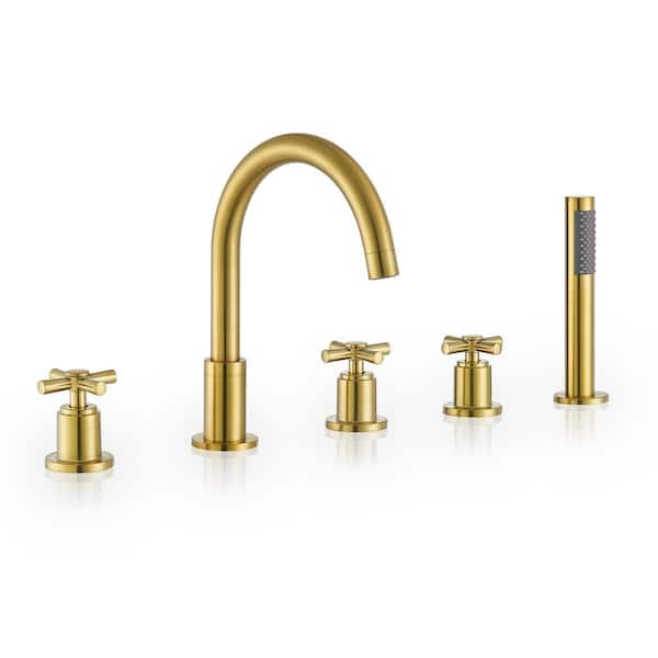Altair Sorlia 3-Handle Deck-Mount Roman Tub Faucet with Hand Shower in Brushed Gold