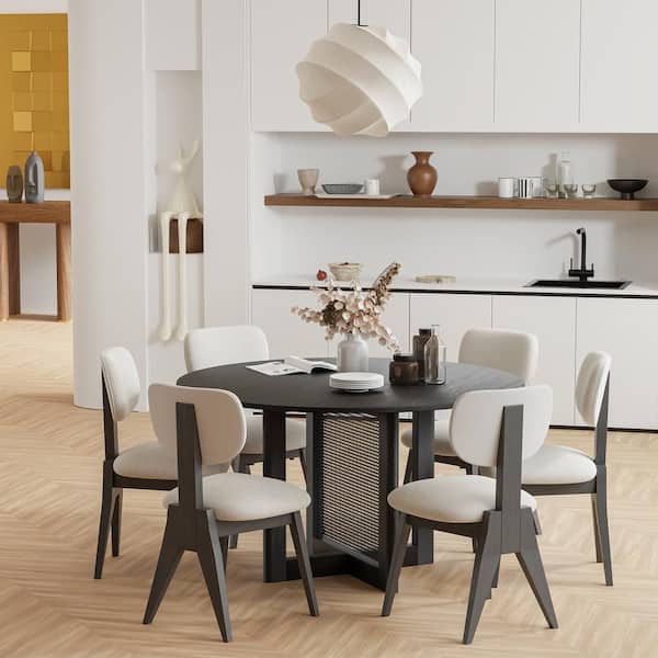 Cinna Modern Round Black Wood Top 52 in. Cross Leg Dining Table Seats 6