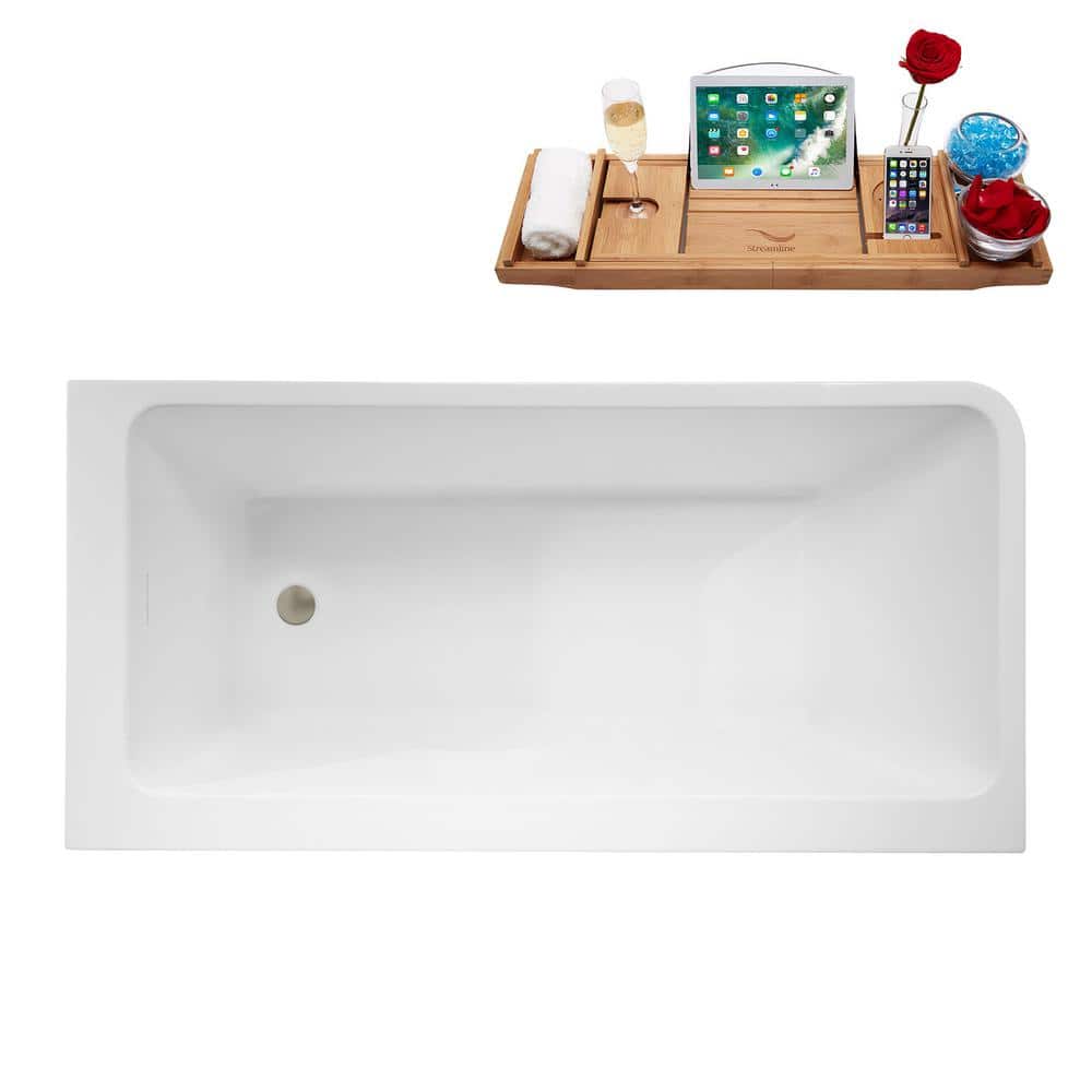 59" Glossy White Acrylic Freestanding Soaking Bathtub with Bamboo Tray