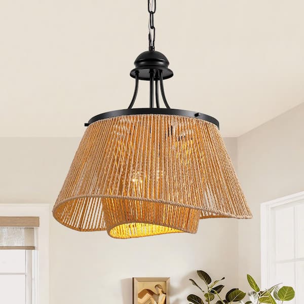 4-Light Brown Boho 2-Tier Rattan Paper Rope Adjustable Height Pendant Chandelier for Kitchen Islands No Bulbs Included