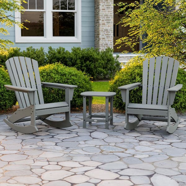 POLYWOOD Grant Park Slate Grey 3-Piece HDPE Plastic Adirondack Outdoor Rocking Chair Patio Conversation Set