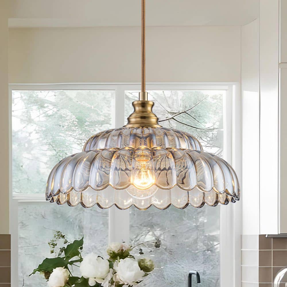 TinHon Gold Amber Glass Pendant Light for Kitchen Island Dining