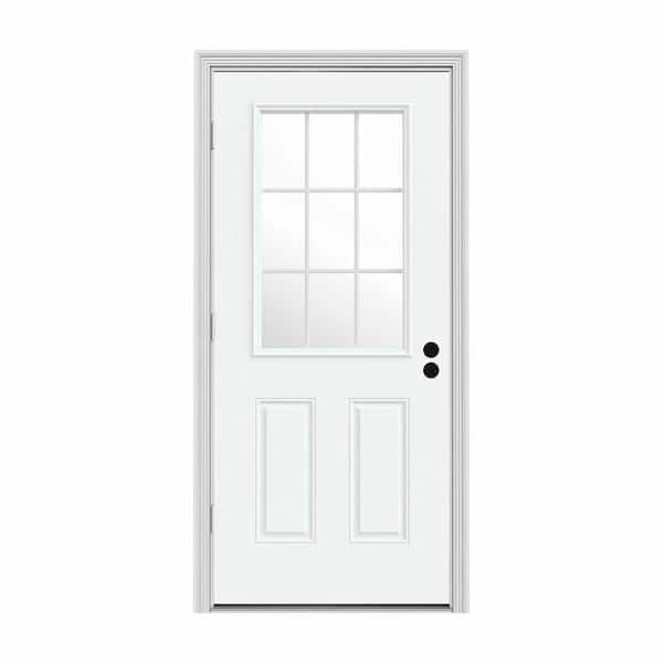 34 in. x 80 in. 9 Lite White Painted Steel Prehung Right-Hand Outswing Entry Door w/Brickmould
