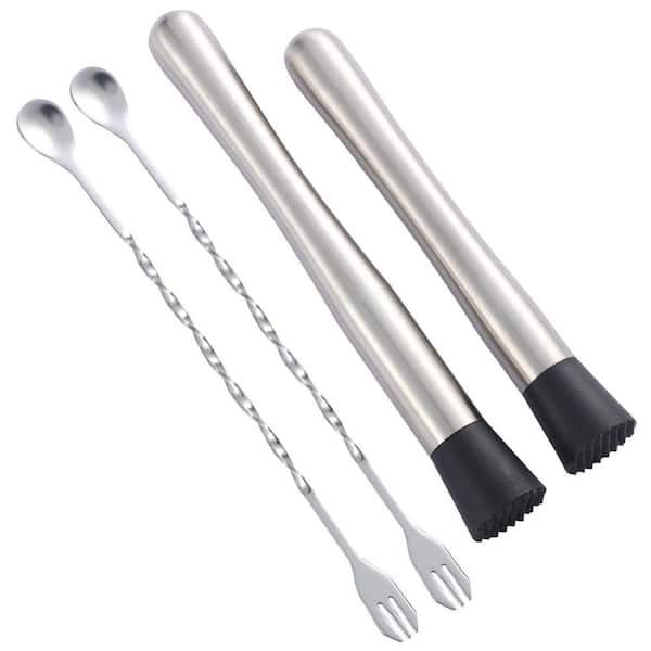 4-Piece Silver Stainless Steel Cocktail Muddler and Twisted Spoon Bar Tool Set for Home Drinks