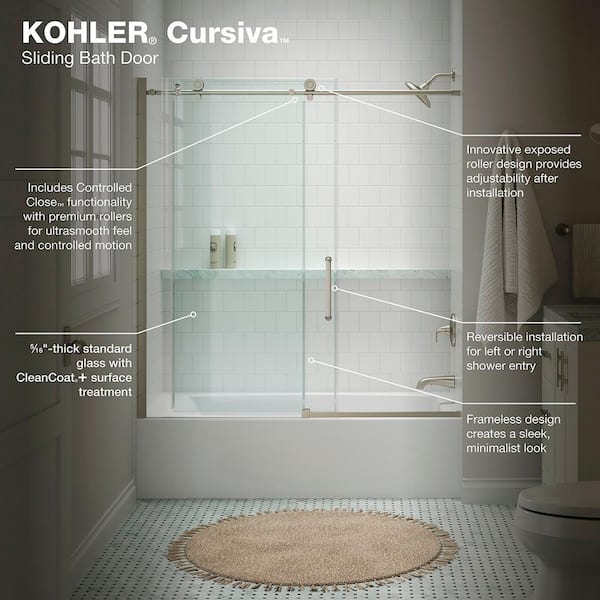 KOHLER Cursiva 56-60 in. W x 62 in. H Sliding Frameless Bath Tub Door in Anodized Brushed Nickel