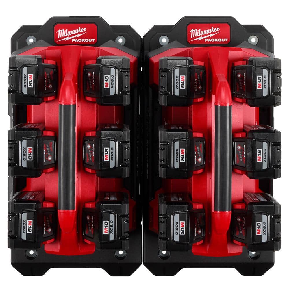 Milwaukee M18 18V Lithium-Ion PACKOUT 6-Port Rapid Charger (2) w/(2) Mounting Plates & (12) 8.0 Ah Batteries -  09x2-86x2-80X12