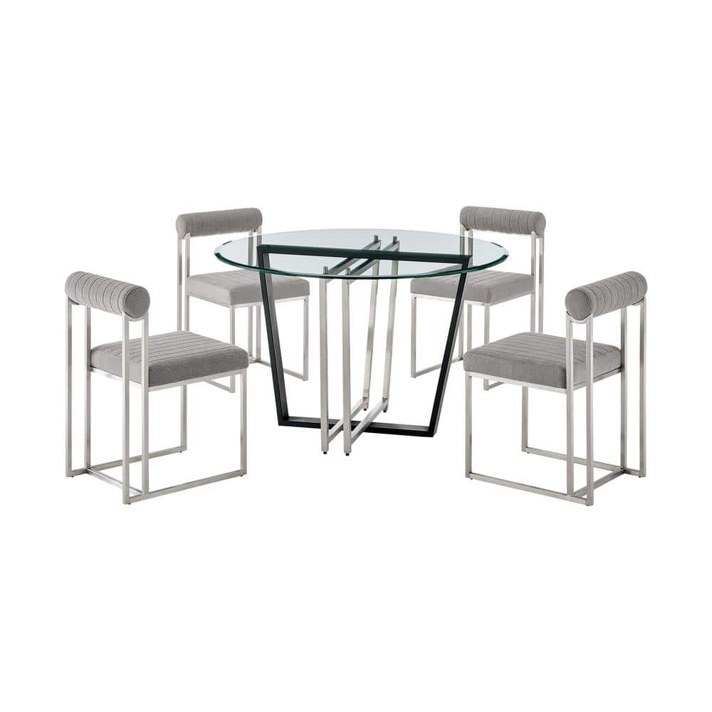 Devi Anastasia 5-Piece Light Gray Fabric Stainless Steel and Glass Top Dini