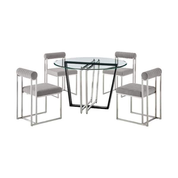 Armen Living Devi Anastasia 5-Piece Light Gray Fabric Stainless Steel and Glass Top Dining Set Seats 4