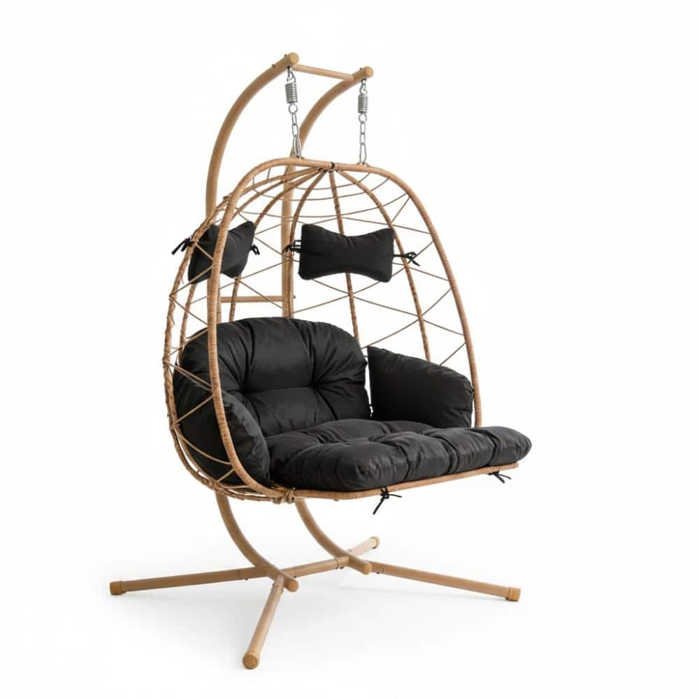 2-Person Hanging Egg Chair with Black Cushion, Double Wicker Swing