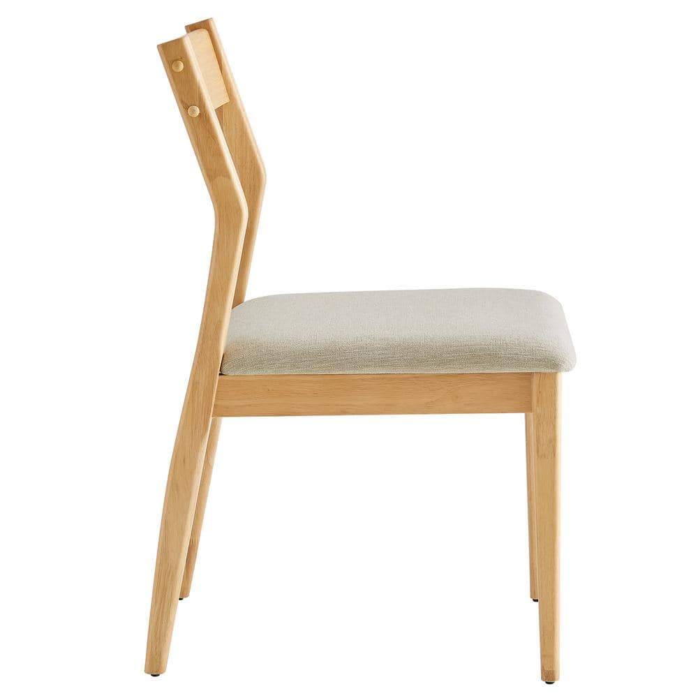 Natural Wood and Beige Upholstered Side Chair with Slat Back