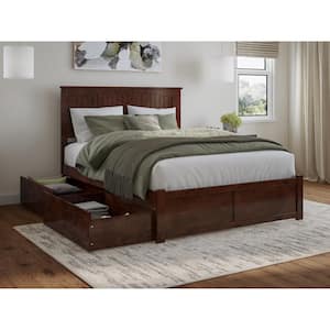 Nantucket Walnut Brown Solid Wood Frame Queen Platform Bed with Footboard and Storage Drawers